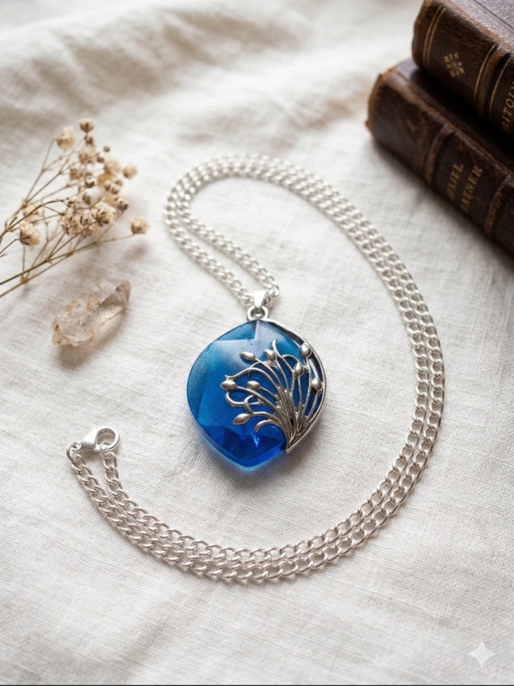 Blue Faceted Resin Teardrop Pendant Necklace Silver Branch Overlay Chain 11.5”